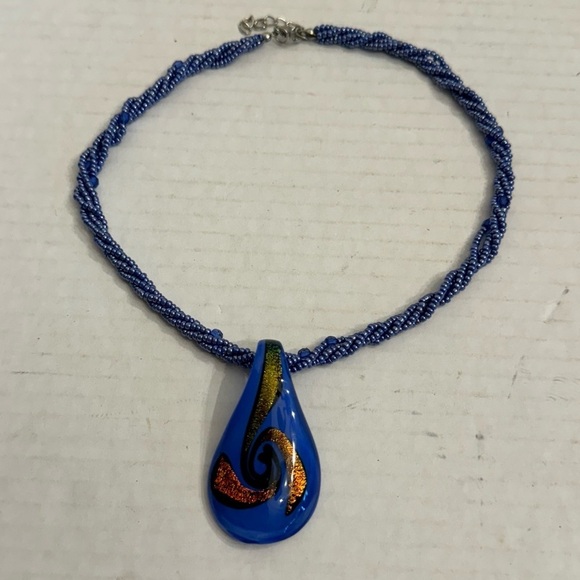 Art Glass Blue Hand Blown Glass Pendant With Seed Bead Multi-Strand Necklace - Picture 13 of 16
